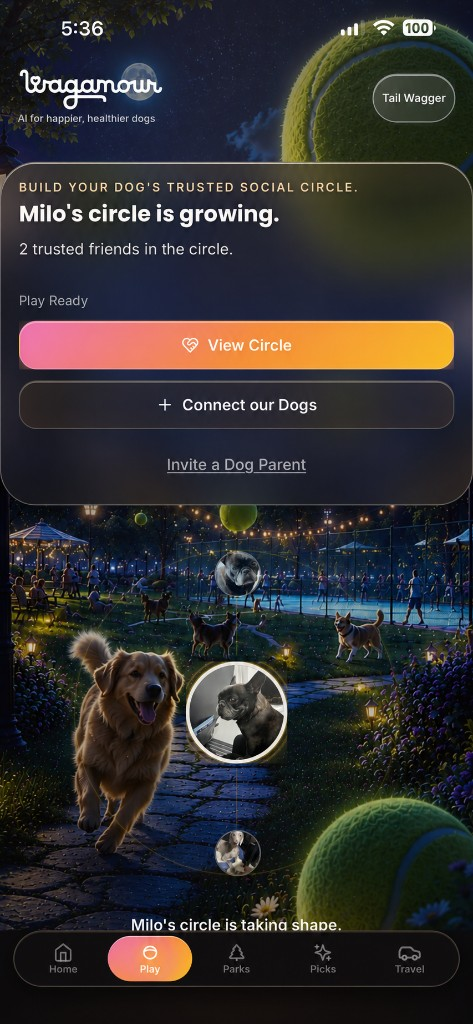 Wagamour Play showing trusted relationships, AI-powered compatibility, and a dog's Trusted Circle.